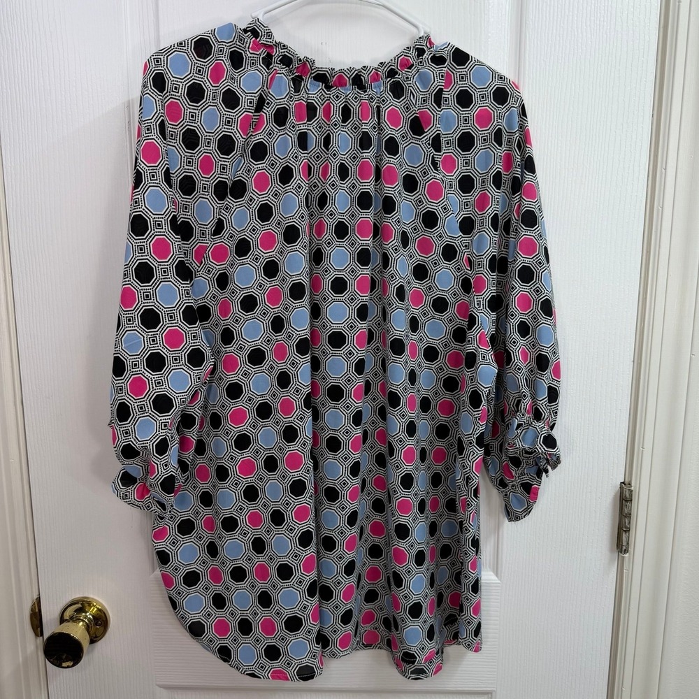 Ruby Rd multicolor geometric half sleeve loose relaxed scoop neck blouse 2X - Picture 4 of 5